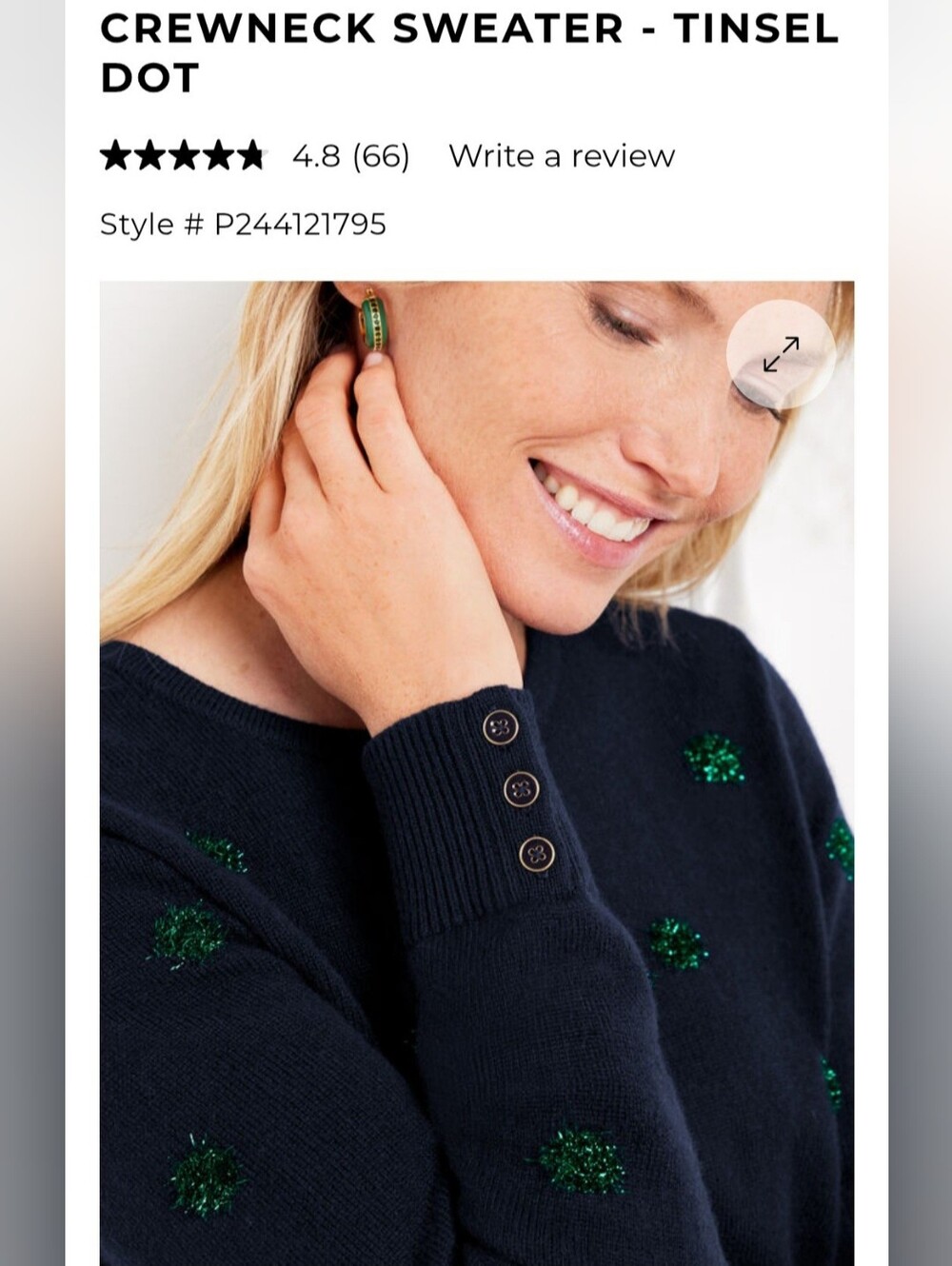 Talbots Wool Blnd Navy Crewneck Sweater with Green Tinsel Dot/Pom Accents Medium - Picture 5 of 14